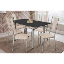 Conjunto: Mesa Sala Jantar Elba Tampo Madeirado c/ Vidro 160cm e 6 Cadeiras Lisboa Niquel/Preto - Courano Bege - Kappesberg Conjunto: Mesa Sala Jantar Elba Tampo Madeirado c/ Vidro 160cm e 6 Cadeiras Lisboa Niquel/Preto - Courano Bege - Kappesberg