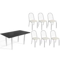 Conjunto: Mesa Sala Jantar Elba Tampo Madeirado c/ Vidro 160cm e 6 Cadeiras Noruega Cromada/Preto - Courano Branco - Kappesberg