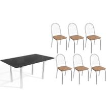 Conjunto: Mesa Sala Jantar Elba Tampo Madeirado c/ Vidro 160cm e 6 Cadeiras Noruega Cromada/Preto - Courano Capuccino - Kappesberg Conjunto: Mesa Sala Jantar Elba Tampo Madeirado c/ Vidro 160cm e 6 Cadeiras Noruega Cromada/Preto - Courano Capuccino - Kappesberg