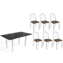Conjunto: Mesa Sala Jantar Elba Tampo Madeirado c/ Vidro 160cm e 6 Cadeiras Noruega Cromada/Preto - Courano Marrom - Kappesberg Conjunto: Mesa Sala Jantar Elba Tampo Madeirado c/ Vidro 160cm e 6 Cadeiras Noruega Cromada/Preto - Courano Marrom - Kappesberg