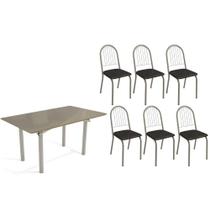 Conjunto: Mesa Sala Jantar Elba Tampo Madeirado c/ Vidro 160cm e 6 Cadeiras Noruega Niquel/Freijo Bronze - Courano Preto - Kappesberg