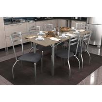 Conjunto: Mesa Sala Jantar Elba Tampo Madeirado c/ Vidro 160cm e 6 Cadeiras Portugal Cromada/Freijo Bronze - Courano Preto - Kappesberg Conjunto: Mesa Sala Jantar Elba Tampo Madeirado c/ Vidro 160cm e 6 Cadeiras Portugal Cromada/Freijo Bronze - Courano Preto - Kappesberg