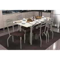 Conjunto: Mesa Sala Jantar Elba Tampo Madeirado c/ Vidro 160cm e 6 Cadeiras Portugal Niquel/Off White - Courano Marrom - Kappesberg