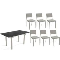 Conjunto: Mesa Sala Jantar Elba Tampo Madeirado c/ Vidro 160cm e 6 Cadeiras Zaria Niquel/Preto - Boucle Cinza - Kappesberg Conjunto: Mesa Sala Jantar Elba Tampo Madeirado c/ Vidro 160cm e 6 Cadeiras Zaria Niquel/Preto - Boucle Cinza - Kappesberg