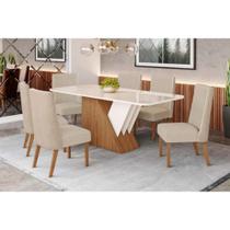 Conjunto: Mesa Sala Jantar Épic SC24 Tampo Madeirado c/ Vidro Canto Curvo 160x90cm e 6 Cadeiras Anne Nature/Courano/Creme - Henn