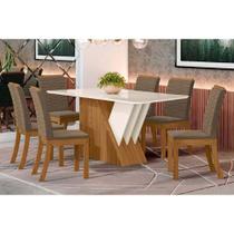 Conjunto: Mesa Sala Jantar Épic SC24 Tampo Madeirado c/ Vidro Canto Curvo 160x90cm e 6 Cadeiras Isa Nature/Suede Light Bege - Henn