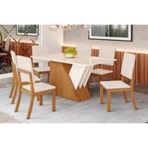Conjunto: Mesa Sala Jantar Épic SC24 Tampo Madeirado c/ Vidro Canto Curvo 160x90cm e 6 Cadeiras Milla Nature/Suede Light Linho - Henn Conjunto: Mesa Sala Jantar Épic SC24 Tampo Madeirado c/ Vidro Canto Curvo 160x90cm e 6 Cadeiras Milla Nature/Suede Light Linho - Henn