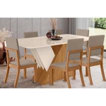Conjunto: Mesa Sala Jantar Épic SC24 Tampo Madeirado c/ Vidro Canto Curvo 160x90cm e 6 Cadeiras Milla Nature/Suede Light Marrom Amêndoa - Henn