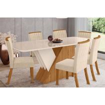 Conjunto: Mesa Sala Jantar Épic SC24 Tampo Madeirado c/ Vidro Canto Curvo 160x90cm e 6 Cadeiras Tauá Nature/Linho - Henn