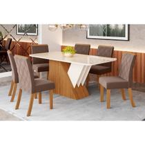 Conjunto: Mesa Sala Jantar Épic SC24 Tampo Madeirado c/ Vidro Canto Curvo 160x90cm e 6 Cadeiras Vita Nature/Suede Light Bege - Henn Conjunto: Mesa Sala Jantar Épic SC24 Tampo Madeirado c/ Vidro Canto Curvo 160x90cm e 6 Cadeiras Vita Nature/Suede Light Bege - Henn