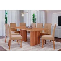 Conjunto: Mesa Sala Jantar Ester Tampo Madeirado 210x100cm e 8 Cadeiras Clarice Cinamomo - Carvalho/Linho Bege - Cimol