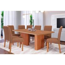 Conjunto: Mesa Sala Jantar Ester Tampo Madeirado 210x100cm e 8 Cadeiras Fernanda Cinamomo - Carvalho/Suede Joli Capuccino Cimol