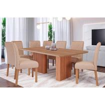 Conjunto: Mesa Sala Jantar Ester Tampo Madeirado 210x100cm e 8 Cadeiras Fernanda Cinamomo - Carvalho/Suede Nude Bege Cimol