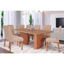 Conjunto: Mesa Sala Jantar Ester Tampo Madeirado 210x100cm e 8 Cadeiras Fernanda Cinamomo - Carvalho/Suede Nude Bege - Cimol