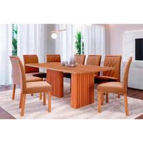 Conjunto: Mesa Sala Jantar Ester Tampo Madeirado 210x100cm e 8 Cadeiras Juliana Cinamomo - Carvalho/Suede Joli Capuccino - Cimol