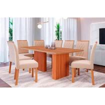 Conjunto: Mesa Sala Jantar Ester Tampo Madeirado 210x100cm e 8 Cadeiras Juliana Cinamomo - Carvalho/Suede Nude Bege - Cimol