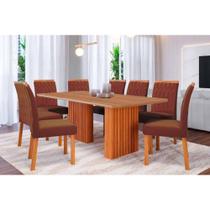 Conjunto: Mesa Sala Jantar Ester Tampo Madeirado 210x100cm e 8 Cadeiras Paola Cinamomo - Carvalho/Suede Joli Capuccino - Cimol