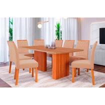 Conjunto: Mesa Sala Jantar Ester Tampo Madeirado 210x100cm e 8 Cadeiras Paola Cinamomo - Carvalho/Suede Nude Bege - Cimol