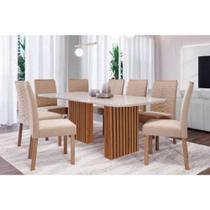 Conjunto: Mesa Sala Jantar Ester Tampo Madeirado c/ Vidro 210x100cm e 8 Cadeiras Clarice Cinamomo/Off White - Carvalho/Linho Bege - Cimol