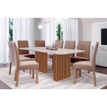 Conjunto: Mesa Sala Jantar Ester Tampo Madeirado c/ Vidro 210x100cm e 8 Cadeiras Clarice Cinamomo/Off White - Carvalho/Suede Joli Capuccino Cimol Conjunto: Mesa Sala Jantar Ester Tampo Madeirado c/ Vidro 210x100cm e 8 Cadeiras Clarice Cinamomo/Off White - Carvalho/Suede Joli Capuccino Cimol