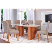 Conjunto: Mesa Sala Jantar Ester Tampo Madeirado c/ Vidro 210x100cm e 8 Cadeiras Fernanda Cinamomo/Off White - Carvalho/Linho Bege - Cimol