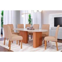 Conjunto: Mesa Sala Jantar Ester Tampo Madeirado c/ Vidro 210x100cm e 8 Cadeiras Fernanda Cinamomo/Off White - Carvalho/Suede Nude Bege - Cimol