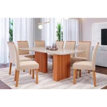 Conjunto: Mesa Sala Jantar Ester Tampo Madeirado c/ Vidro 210x100cm e 8 Cadeiras Juliana Cinamomo/Off White - Carvalho/Suede Nude Bege - Cimol