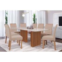 Conjunto: Mesa Sala Jantar Ester Tampo Madeirado c/ Vidro 210x100cm e 8 Cadeiras Paola Cinamomo/Off White - Carvalho/Linho Bege Cimol