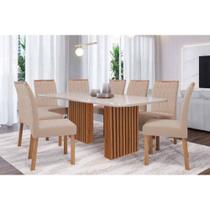 Conjunto: Mesa Sala Jantar Ester Tampo Madeirado c/ Vidro 210x100cm e 8 Cadeiras Paola Cinamomo/Off White - Carvalho/Linho Bege - Cimol