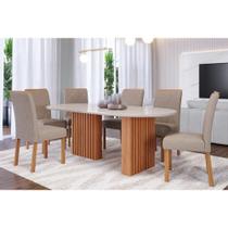 Conjunto: Mesa Sala Jantar Ester Tampo Madeirado Oval c/ Vidro 210x100cm e 6 Cadeiras Fernanda Cinamomo/Off White - Nature-Madeirado/Linho Be - Cimol