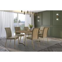 Conjunto: Mesa Sala Jantar Évora 1603 Aço c/ Tampo Madeirado 170x90cm e 6 Cadeiras Wave Dourado/Noce/Carvalho - Linho/ano ,Bamboo - Carraro Conjunto: Mesa Sala Jantar Évora 1603 Aço c/ Tampo Madeirado 170x90cm e 6 Cadeiras Wave Dourado/Noce/Carvalho - Linho/ano ,Bamboo - Carraro