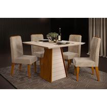 Conjunto: Mesa Sala Jantar Fler c/ Tampo Madeirado c/ Vidro 90x90cm e 4 Cadeiras Lia Freijo/Off White - Suede Kraft - DJ Móveis Conjunto: Mesa Sala Jantar Fler c/ Tampo Madeirado c/ Vidro 90x90cm e 4 Cadeiras Lia Freijo/Off White - Suede Kraft - DJ Móveis