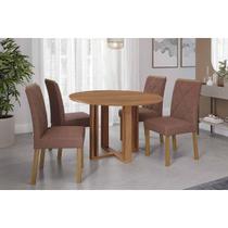 Conjunto: Mesa Sala Jantar Flora Tampo Madeirado 109cm e 4 Cadeiras Fernanda Cinamomo - Carvalho/Suede Joli Capuccino Cimol Conjunto: Mesa Sala Jantar Flora Tampo Madeirado 109cm e 4 Cadeiras Fernanda Cinamomo - Carvalho/Suede Joli Capuccino Cimol