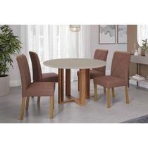 Conjunto: Mesa Sala Jantar Flora Tampo Madeirado c/ Vidro 109cm e 4 Cadeiras Fernanda Cinamomo/Off White - Carvalho/Suede Joli Capuccino Cimol