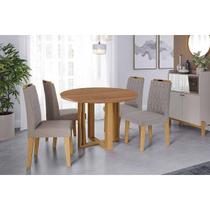 Conjunto: Mesa Sala Jantar Flora Tampo Madeirado c/ Vidro 109cm e 4 Cadeiras Paola Cinamomo/Off White - Carvalho/Linho Grafite Cimol