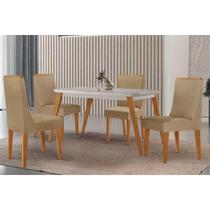 Conjunto: Mesa Sala Jantar Havana Canto Curvo 120cm + 4 Cadeiras Dakota Naturale/Off White - Linho Bege - Rufato Conjunto: Mesa Sala Jantar Havana Canto Curvo 120cm + 4 Cadeiras Dakota Naturale/Off White - Linho Bege - Rufato