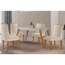 Conjunto: Mesa Sala Jantar Havana Canto Curvo 120cm + 4 Cadeiras Dakota Naturale/Off White - Suede Creme - Rufato Conjunto: Mesa Sala Jantar Havana Canto Curvo 120cm + 4 Cadeiras Dakota Naturale/Off White - Suede Creme - Rufato