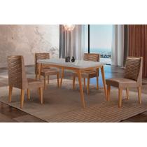 Conjunto: Mesa Sala Jantar Havana Curvo 120cm + 4 Cadeiras Dafne Naturale/Off White - Corano Capuccino - Rufato