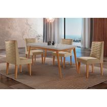 Conjunto: Mesa Sala Jantar Havana Curvo 120cm + 4 Cadeiras Dafne Naturale/Off White - Linho Bege - Rufato Conjunto: Mesa Sala Jantar Havana Curvo 120cm + 4 Cadeiras Dafne Naturale/Off White - Linho Bege - Rufato