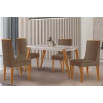 Conjunto: Mesa Sala Jantar Havana Curvo 120cm + 4 Cadeiras Dakota Naturale/Off White - Capuccino/Suede Capuccino - Rufato Conjunto: Mesa Sala Jantar Havana Curvo 120cm + 4 Cadeiras Dakota Naturale/Off White - Capuccino/Suede Capuccino - Rufato