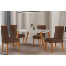 Conjunto: Mesa Sala Jantar Havana Curvo 120cm + 4 Cadeiras Dakota Naturale/Off White - Capuccino/Suede Marrom - Rufato Conjunto: Mesa Sala Jantar Havana Curvo 120cm + 4 Cadeiras Dakota Naturale/Off White - Capuccino/Suede Marrom - Rufato
