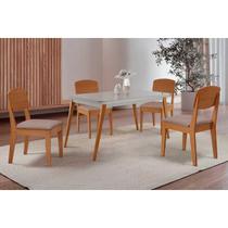 Conjunto: Mesa Sala Jantar Havana Curvo 120cm + 4 Cadeiras Havana Naturale/Off White - Linho Capuccino - Rufato