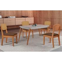 Conjunto: Mesa Sala Jantar Havana Curvo 120cm + 4 Cadeiras Havana Naturale/Off White - Suede Marrom - Rufato