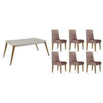 Conjunto: Mesa Sala Jantar Havana Curvo 180cm + 6 Cadeiras Dakota Naturale/Off White - Linho Capuccino - Rufato