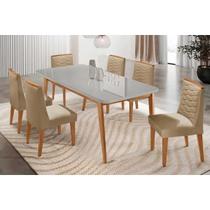 Conjunto: Mesa Sala Jantar Havana Curvo 180cm + 6 Cadeiras Maldivas Naturale/Off White - Linho Bege - Rufato