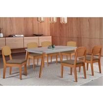 Conjunto: Mesa Sala Jantar Havana Tampo c/ Vidro Curvo 180cm+6 Cadeiras Havana Naturale/Off White - Suede Capuccino - Rufato