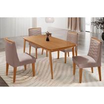 Conjunto: Mesa Sala Jantar Havana Tampo Curvo 120cm+4 Cadeiras Maldivas Madeira Naturale - Capuccino/Linho Capuccino - Rufato Conjunto: Mesa Sala Jantar Havana Tampo Curvo 120cm+4 Cadeiras Maldivas Madeira Naturale - Capuccino/Linho Capuccino - Rufato