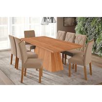 Conjunto: Mesa Sala Jantar Helena Tampo Madeirado 210x100cm e 8 Cadeiras Fernanda Cinamomo - Carvalho/Linho Bege Cimol