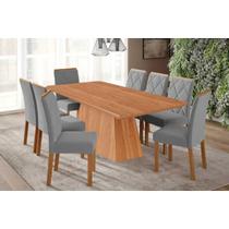 Conjunto: Mesa Sala Jantar Helena Tampo Madeirado 210x100cm e 8 Cadeiras Fernanda Cinamomo - Carvalho/Linho Grafite Cimol
