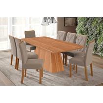 Conjunto: Mesa Sala Jantar Helena Tampo Madeirado 210x100cm e 8 Cadeiras Fernanda Cinamomo - Carvalho/Suede Joli Capuccino Cimol